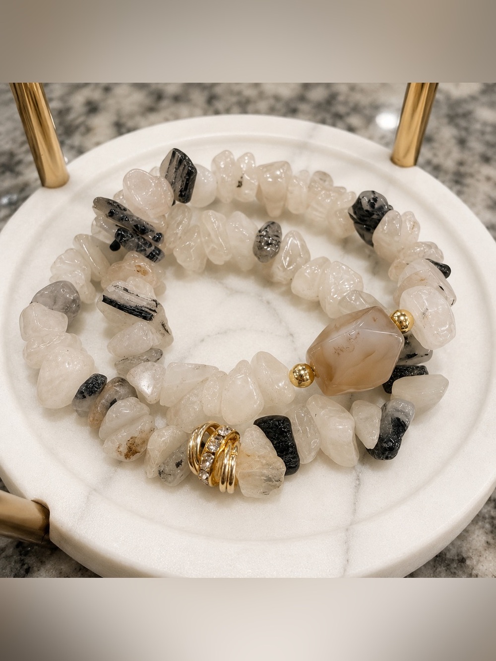 Gold Accent White and Black Chip Quartz Beaded Stretch Bracelet size 6 and up